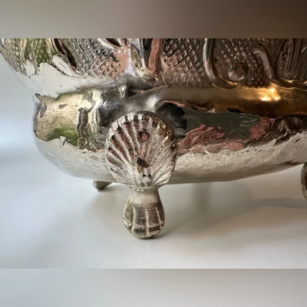 Silver Ornately Embossed Vintage Hammered Footed Planter, Bowl, Ice Bucket - Picture 4 of 7